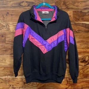 Vintage Men's Black Windbreaker with Pink and Purple Accents